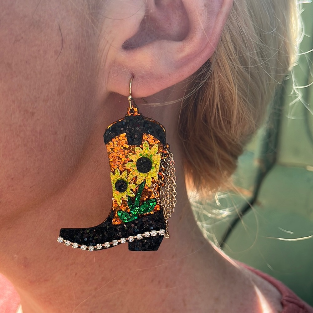 Glitter Sunflower Black Boot Earrings - Picture 8 of 11